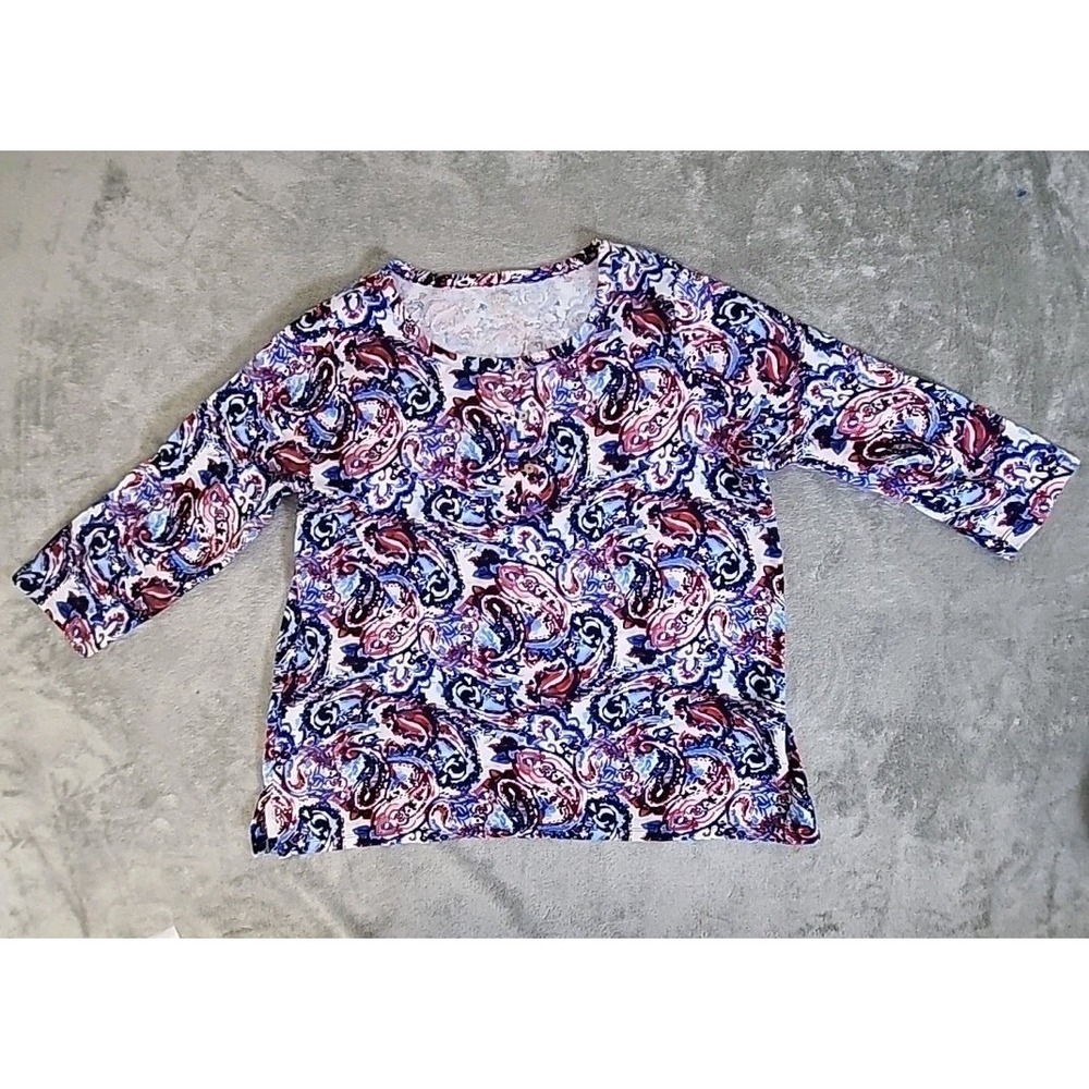 Anne Klein‎ Top Womens 1X Blue Paisley Multicolor Gold Button 3/4 Sleeve Casual